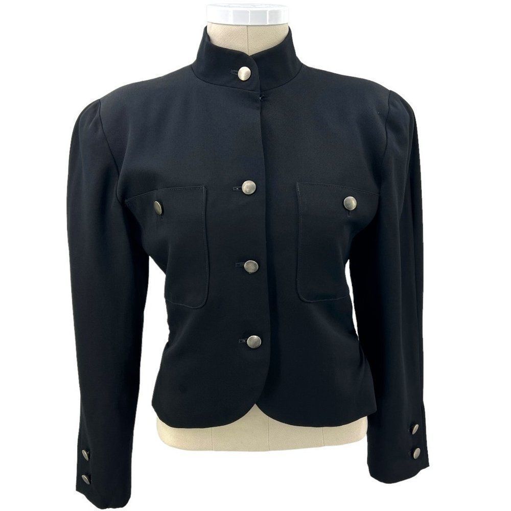 Vintage 80s Karl Lagerfeld Black Boxy Shoulder Miltary Crop Blazer Jacket